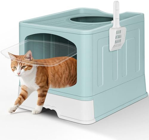 Petslucent Enclosed Cat Litter Box: Hooded Cat Litter Tray with Litter Mat and Scoop - Large Foldable Litter Box with Lid - Front Entry Top Exit Kitty Litter Box - Odor Control Easy Clean (Blue)
