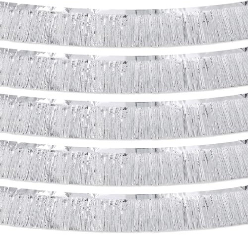 5 Stück 10 Füße Silber Fransen Girlande Metallic Wand Metallic-Folien Hängende Lametta Fringe Banner für Parade Schwimmt, Geburtstag Partydekor Hochzeit Weihnachten Neujahr Dekoration (Silber)