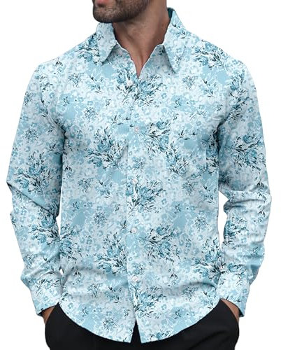 APTRO Men's Shirts Long Sleeve Dress Shirts Casual Floral Shirt Wrinkle-Free Formal Regular Fit Shirts Light Blue L