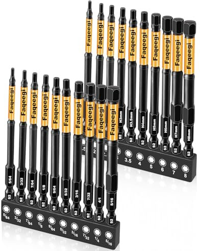 Faqeegi 20PCS 4 Hex Bit Set (Metric & SAE), High-Torque Resistant Impact Allen Wrench Bits, Premium S2 Steel 1/4 Hex-Shank, Magnetic CNC Tips for Drill & Driver