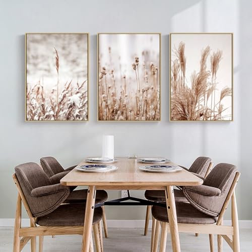 AQCQDQ 3er Poster Set Wohnzimmer Beige Boho Pampasgras Bilder Modern Beige Bilder Wanddeko Schilf Natur Beige Leinwandbilder - Ohne Rahmen (40x50 cm,B)
