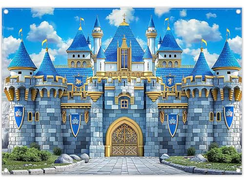 Luminora 2,1x1,5 m Toile Fond château Bleu médiéval Chevalier Royal | Tissu polyester, tapisserie, mur de pierre, matériel anniversaire prince enfants, déco bannières, photobooth extérieur