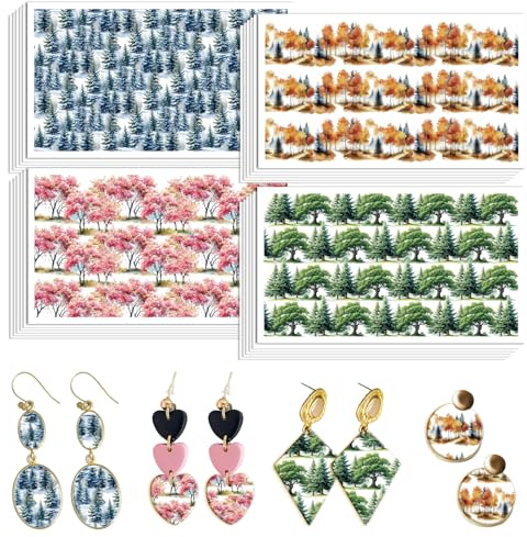 OLYCRAFT - Papel de transferencia de árbol 4 piezas para polímero, bosque de pinos, cerezo, hojas de arcilla, árbol pequeño papel para pendientes de arcilla