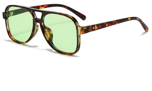 Long Keeper Retro Pilot Sonnenbrille Pilotenbrille Herren Damen Quadratisch Sonnenbrille Groß 70er Klassisch Eckige Pilot Retro Brille mit UV400 Schutz (Leopard Rahmen – Grün Gläser)