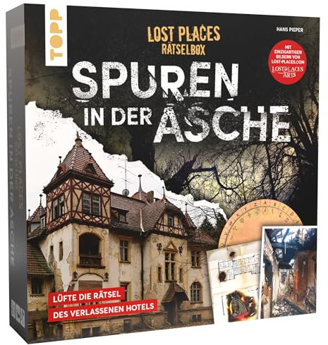 TOPP Lost Places Rätselbox – Spuren in der Asche: EIN Krimi-Rätsel für Zuhause. Lüfte die Rätsel des verlassenen Hotels. Mit authentischen Fotos realer Orte und authentischem Beweismaterial