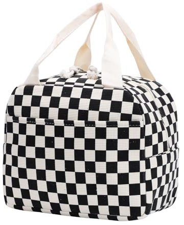 Lonchera aislada para mujeres y niños, reutilizable, a prueba de fugas, para niñas, trabajo, escuela, barbacoa, picnic (cuadros negros y blancos)