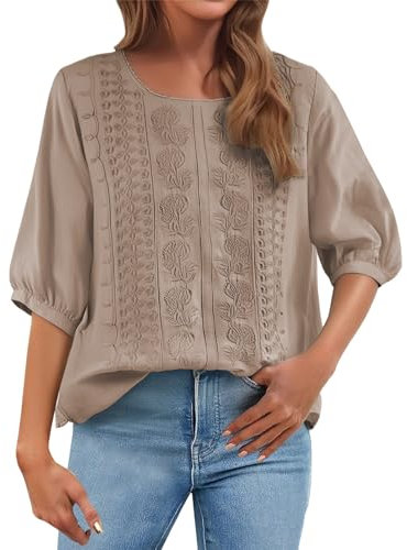 Oversized T Shirts for Women Summer Retro 3/4 Sleeve Tunic Top Loose Baggy T-Shirts Plus Size Lightweight Linen Flowy Boho Tee Blouse My Orders UK Brown