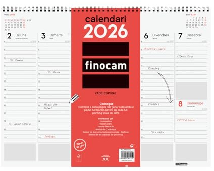 Finocam - Vade Espiral Semana Vista 2026 Semana Vista Vertical Enero 2026 - Diciembre 2026 (12 meses) Neutro Catalán