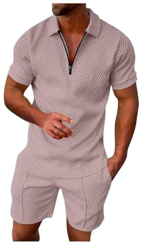 Felpa con cappuccio viola da uomo vestito a due pezzi a righe casual zip manica corta top camicetta coulisse tasca set corto maglioni grandi da uomo, oro rosa, XXL