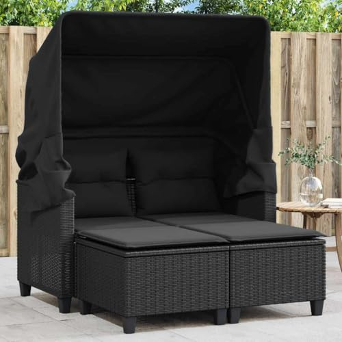 HaoChrymec Gartensofa 2-Sitzer mit Dach und Hockern Schwarz Poly Rattan, Ausziehbares Sonnendach, Lounge Möbel Outdoor, Balkon Sofa, Gartenmöbel Set, 123 x 65 x 155 cm