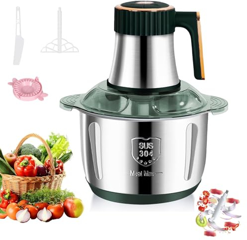 Hachoir Électrique 5L,Hachoir Cuisine avec Récipients en Acier Inoxydable,Robot de Cuisine Avec 6 Lames Amovibles,5 Vitesses Hachoirs Multifonction pour Viande Légumes et Fruits (Vert)