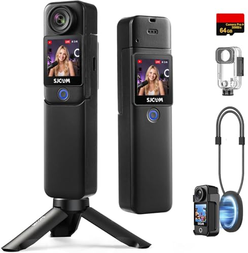 SJCAM C300 4K Vlogging Video Camera,64GB Card,4K Pocket Action Camera Waterproof,7Hour Power,6-Axis Stabilization,Dual-Touch Screen 154°FOV Travel Handheld Camera for Live Streaming with Kits,Black