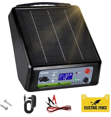 FarmNix 32KM Solar Weidezaungerät 0.3J-2.0J 6KV-12KV Elektrozaungerät | mit 18000mAh Lithium-Akku und Solarpanel für Rinder, Pferde, Schafe, Schweine, Geflügel und Hof-Tiere (Schwarz)