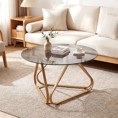 COSTWAY Table Basse Ronde 80 cm en Verre Trempé, Table de Salon Transparente, Base Métallique Stable, Design Croisé, 6 Patins Réglables, Table d’Appoint Moderne pour Appartement, Maison (Doré)