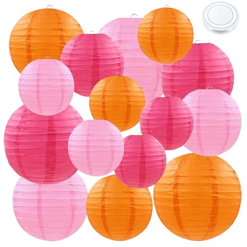 15 Stück Rosa und Orange Papierlaterne Lampion,Runde Dekorative Papierlaterne mit 50m Angeldraht für Geburtstagsfeiern Gartenparty-Dekorationen,Brauthochzeits Dekorationen,Baby Shower(4, 6, 8, 10)