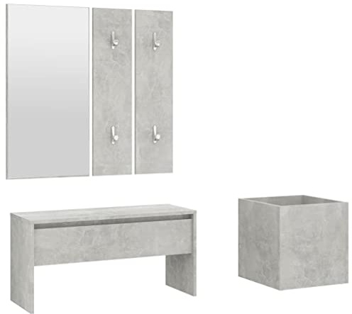 faucqel Concrete Grey Wooden Coat Rack Set with Bench, Mirror, Planter and Clothes Hanger, Bench with Storage Compartment, Multifunctional Shoe Rack for Hallway and Entryway