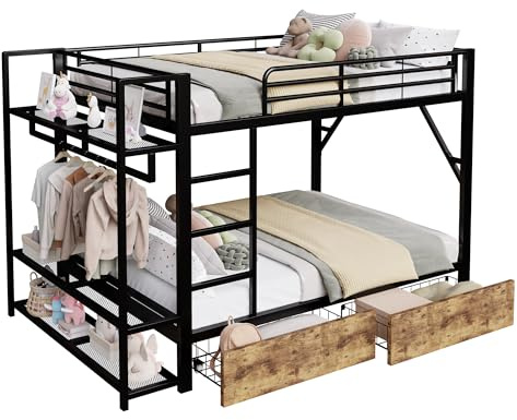 SOFTWEARY Etagenbett mit Schubladen, Leiter, Regal, RGB LED-Streifen, Kleiderstange, Lattenrost, Rausfallschutz, Kinderbett, Metallbett (schwarz, 140x200 cm)