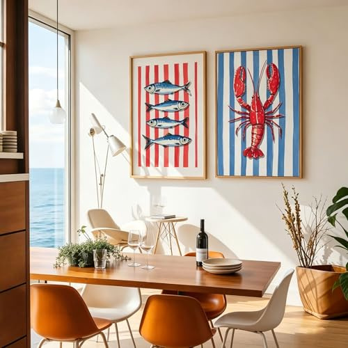 Xiyocadt Set of 2 Posters, Abstrakte geometrische Hummer, Fisch Leinwandbilder, Hellblau-Weiß Gestreift, Leinwandbild, Poster und Druck für Küche und Esszimmer, Kein Rahmen (50x70cm)