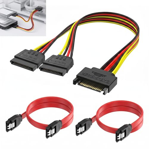 Wxuiqaz Lot de 3 Câble SATA III 6Gb/s, Adaptateur d'alimentation Y SATA 15 Pin, Câble SATA connecteur Droit, avec Câbles Données pour SSD HDD, Disque Dur Interne, Lecteur CD DVD Blu-Ray PC Bureau