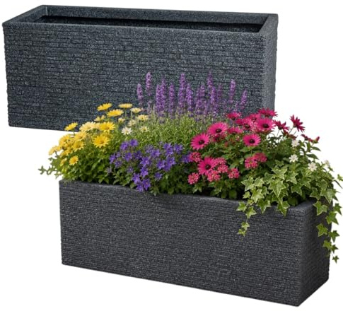 Set Of 2 Large Brick Effect Trough Planter - Ash Grey Outdoor Plant Pot – Slate Brick Style Rectangle Plastic Garden Plant Pot - Garden Balcony, Patio Flower Planter 60cm x 25cm x 25.5cm