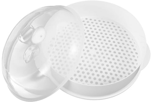 CRAFTHROU Vaporiera e Cestello Drenante Rotonda per Microonde in Plastica Bianca Stili multipli per Cottura a Vapore con Coperchio Trasparente e Conservazione Alimenti