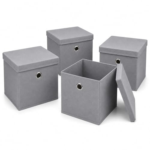 A406 Foldable Fabric Storage Boxes with Lids Set of 4 Non Woven Cubes for Shelves Wardrobe Home Organisation Foldable Storage Cubes collapsible Storage Box in Grey Blue White Black (Grey, 25x25x25cm)