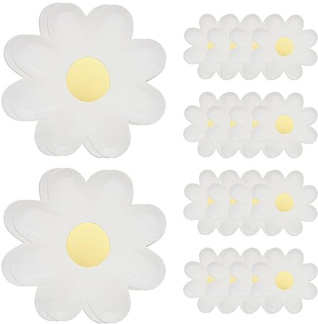 Tsawntd Platos de papel 20 platos con forma de flor, margaritas desechables de 7 pulgadas para baby shower, cumpleaños, suministros para fiesta de boda, papel de margarita desechable para fiesta