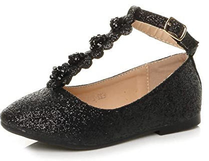 AJVANI Girls Kids Childrens Flat T-BAR Glitter Wedding Bridesmaid Shoes Ballerinas Size