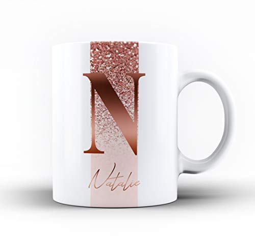 Personalised Marble/Pattern Mug. 7. Rose Gold Initial and Name on Sparkle Stripe