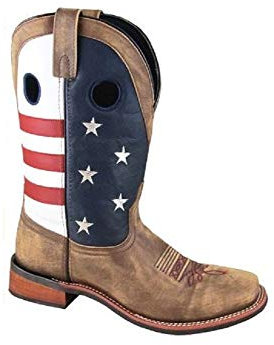 Smoky - Stivali da uomo con bandiera americana in pelle marrone con punta quadrata occidentale