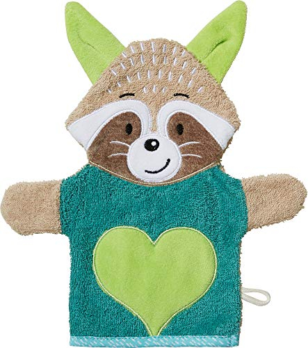 Erwin Müller Kinder-Waschhandschuh, Waschlappen 2-in-1 Waschbär Walk-Frottier grün Größe 25x28 cm - weich, saugstark, strapazierfähig, mit Aufhängeschlaufe