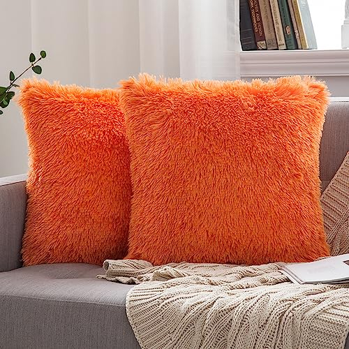 MIULEE 2er Set Kissenbezüge Künstlich Pelz Sofakissen Dekorative Dekokissen Kuschelkissen Plüschkissen Kuschelig Couchkissen Superweich Kissen Flauschig Kissenbezug für Sofa 50x50 cm Orange