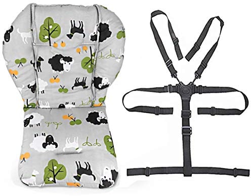 Baby Hochstuhl-Sitzkissen, Matte, Bezug, widerstandsfähige und hochstuhlgurte (5-Punkt-Gurt), 1 Anzug (graues Schaf)