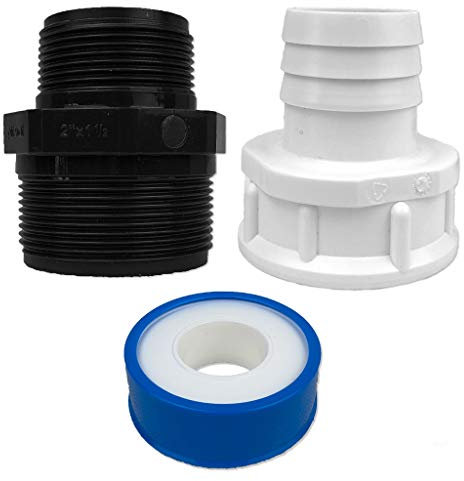well2wellness® PVC Gewindemuffe AG x AG (2 x 11/2) + Druckschlauchtülle IG x Schlauchanschluss gerippt (11/2 x 38 mm) und Teflonband