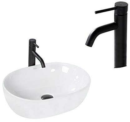 VBChome Waschbecken mit Armatur 48 x 35 Keramik Armatur Schwarz Oval Waschtisch Handwaschbecken AUFSATZWASCHBECKEN WASCHSCHALE GÄSTE WC