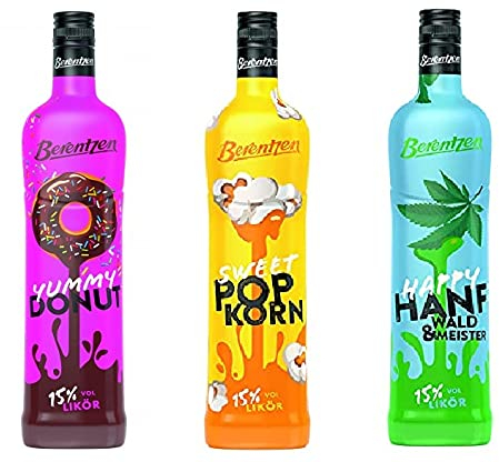 3 Flaschen Berentzen Mix Yummy Donut/Sweet Popkorn/Happy Hanf Waldmeister 15% Vol. Klarer + limeted Edition