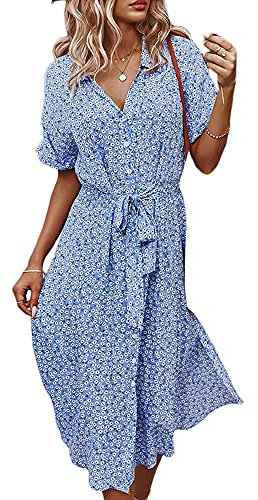 Acrawnni Women's Fashion Floral Print Belted Loose Shirt Dress Casual Short Sleeve Button Down Midi Dress (Sky Blue, Small)