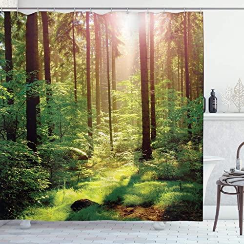 Duschvorhang 180x200 Natur Duschvorhang Wald Badezimmer Vorhang Landschaft Grün Antischimmel Wasserdicht Badezimmer Vorhang 3D Effekt Duschvorhänge Polyester Waschbar mit Haken