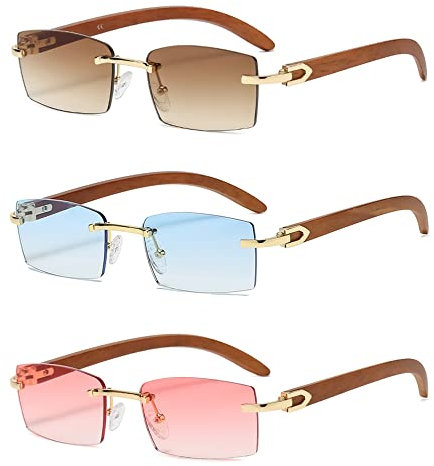 Heptagram rechteckige modische randlose Sonnenbrille für Damen und Herren, Gangster, 90er-Jahre, rahmenlose Schattierungen, Retro, Vintage, trendige Brillen, 3 Stück – braune Gläser mit Farbverlauf,