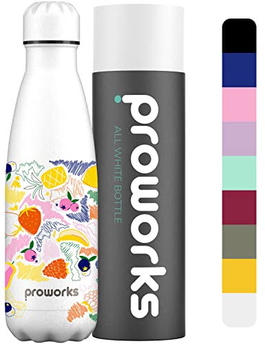 Proworks Performance Stainless Steel Sports Water Bottle | Double Insulated Vacuum Flask for 12 Hours Hot & 24 Hours Cold Drinks For Home, Work, Gym & Travel - 750ml All White - Fruits Please