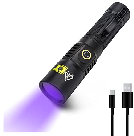 Luz de antorcha UV, linterna de luz de 365 nm, 2 modos IPX4 impermeable linterna de luz negra súper brillante 1000 lm para orina de mascotas, chinches, billete de banco [Clase energética A+++]