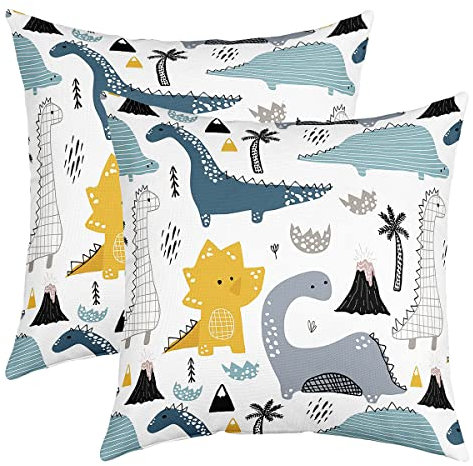 Dinosaurier Dekor Kissenbezüge 40x40 Satz von 2, Niedliche Cartoon Tier Werfen Kissenbezüge für Draußen Stuhl Mädchen Kawaii Dino Dekokissenbezüge Lovely Dinosaurier Tierwelt Thema Kissenhülle Weiß