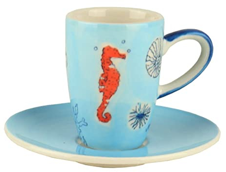 Mila Keramik Espresso-Tasse mit Untere ca. 75ml Save The Ocean Maritime Kaffee-Tasse mit Unterteller Meer-Motive wie Seestern Seepferd Koralle Krabbe Krebs