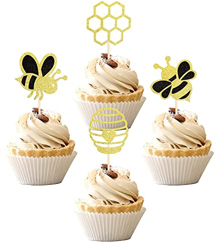 36 Stück Biene Tortendeko Glitzer Herz-Honigwabe Cupcake Toppers Biene Kuchen Deko für Biene Thema Baby Dusche Jungen Mädchen Geburtstag Party Kuchen Dekoration