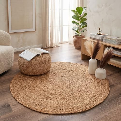 Theo Round Rug, 100% Natural Jute, Artistic Hand Woven Circular Round Rugs for Kitchen, Living Room, Bedroom, Bathroom, Farmhouse - 120cm Round, 120cm x 120cm