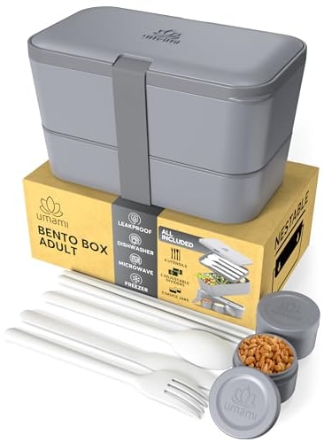 Umami Lunchbox Erwachsene, Verschachtelbar Auslaufsichere Bento Box mit 4 Bestecke & Fächern, Brotdose Erwachsene, Salatbehälter To-Go, Lunch Box für Picknick/Büro, Kohlengrau, 1500 ml