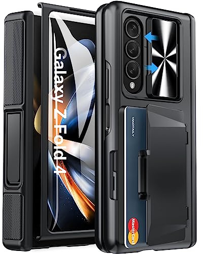 Viaotaily for Samsung Galaxy Z Fold 4 Case with Card Holder & Kickstand & Screen Protector, [2023 Upgrade] Slide Camera Lens Cover & Hinge Protection Wallet Phone Case for Galaxy Z Fold 4 2022, Black