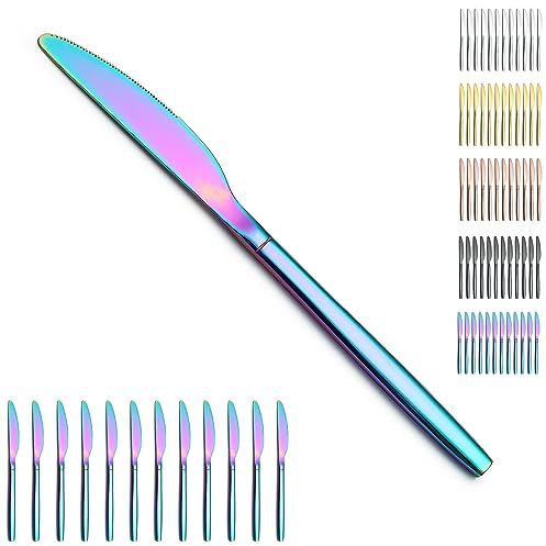 Berglander coltelli da tavolo arcobaleno da 12 pezzi, coltello da cena in acciaio inossidabile placcato titanio, coltello da burro, ottimo per la casa, ristorante