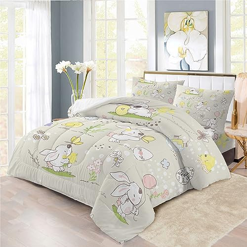 XIICOO Bettwäsche Cartoon-Häschen Kinderliebling Grauer Hase Bettdecke Set Graues Kaninchen Hase | 1 Bettdecke + 2 Kissenbezüge(3Pcs) Oder Spannbettlaken (4Pcs) (A,KING-4PCS)