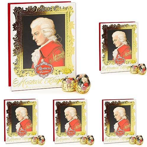 Reber Mozart-Barock – Echte Reber Mozart-Kugeln aus Zartbitter-Schokolade, Marzipan und Nougat, 12 Stück, 1 x 240 g (Packung mit 5)